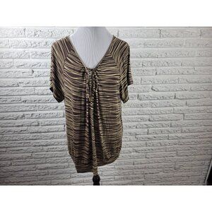 Michael Kors Womens Top 2X Plus Short Sleeve Brown Stripe Keyhole STR35E